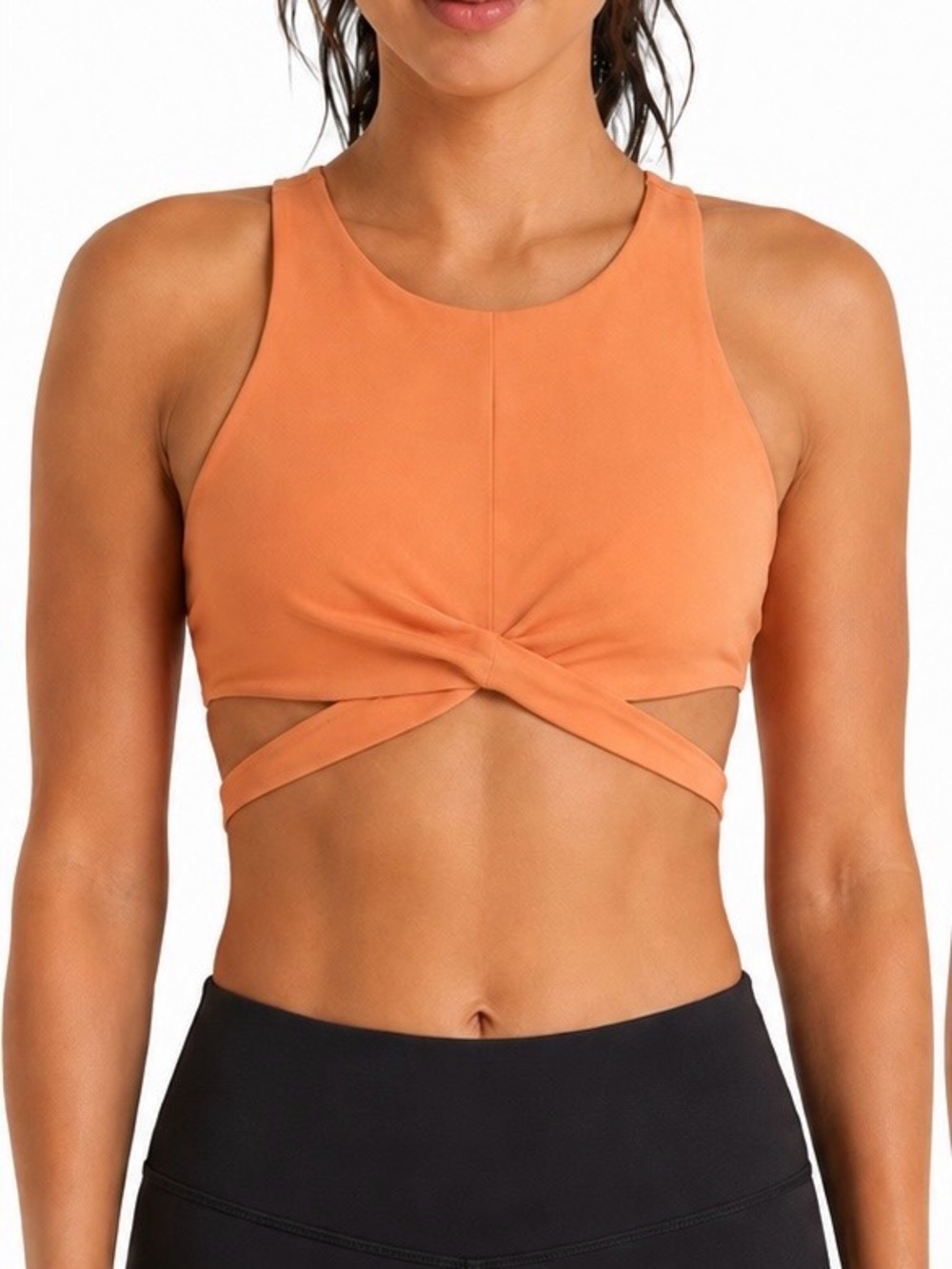 Athleta Twist Front High Neck Sports Bra Size M Coral Orange Cutout Back